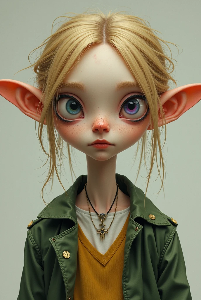 A thin girl 2,
 with a long face, big ears, unruly dirty blonde hair and eyes of different colors, one violet and the other green, a crooked nose, with a scar in the middle of her nose, freckled face, who dresses like a boy