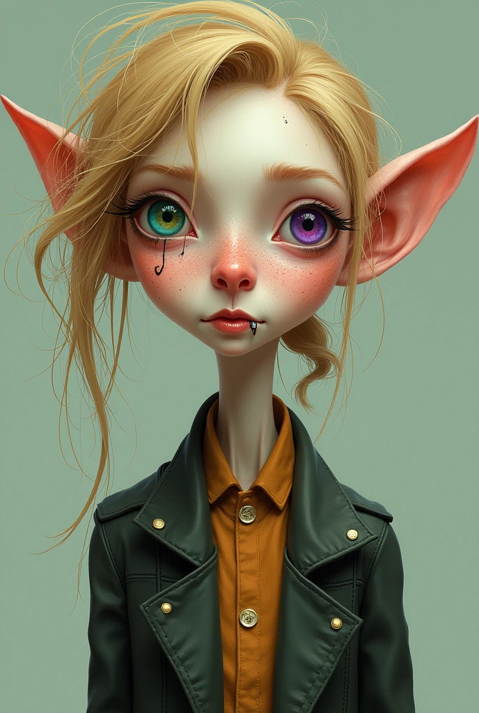 A 25-year-old girl, thin, long face, big ears, unruly dirty blonde hair and eyes of different colors, one violet and the other green, a crooked nose, with a scar in the middle of her nose, freckled face, who dresses like a boy