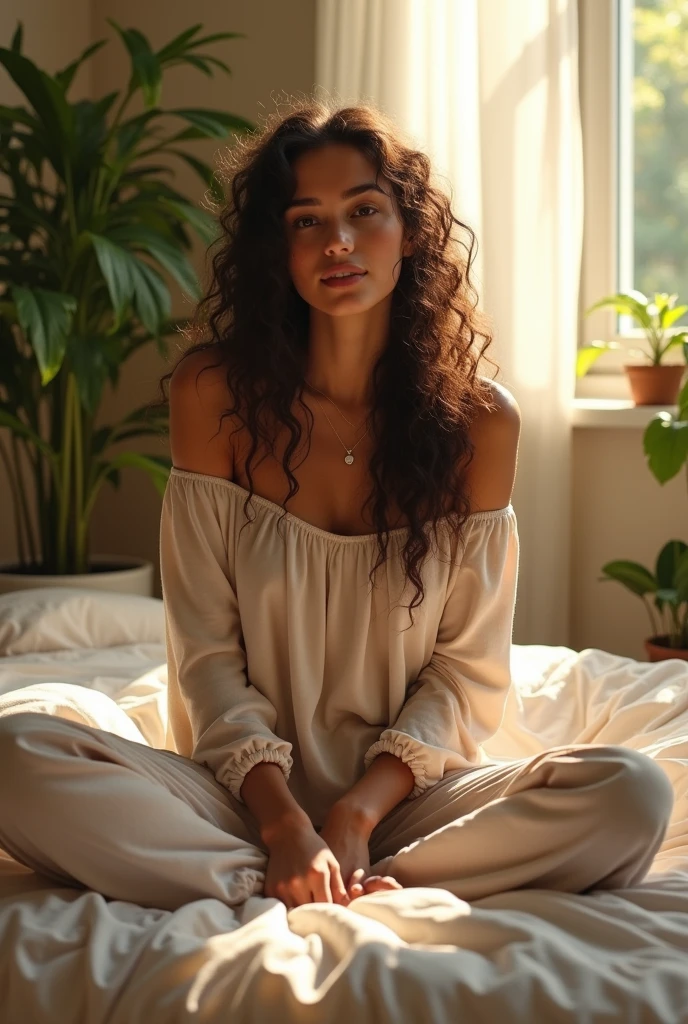 (photorealism:1.2), beautiful woman, sitting on bed, wearing loose off-shoulder top, pajama pants, long curly hair, indoors, soft lighting, plants in background, window with sunlight, cozy room, relaxed pose, realistic, intricate details, warm colors, by Greg Rutkowski, by Alphonse Mucha