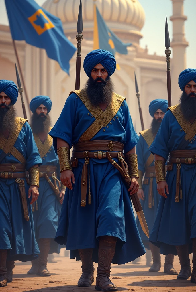 A powerful scene depicting members of the Budha Dal, a traditional Sikh warrior group, gathered in a historical setting. The Nihang Sikhs, dressed in their distinctive blue robes and tall, battle-ready turbans, are armed with traditional weapons such as swords and spears. They stand in a disciplined formation, exuding strength and resolve. The backdrop is a grand Gurudwara or an ancient fortress, with flags bearing the insignia of the Khalsa fluttering in the wind. The atmosphere is charged with a sense of duty, honor, and the deep spiritual connection that drives their warrior ethos