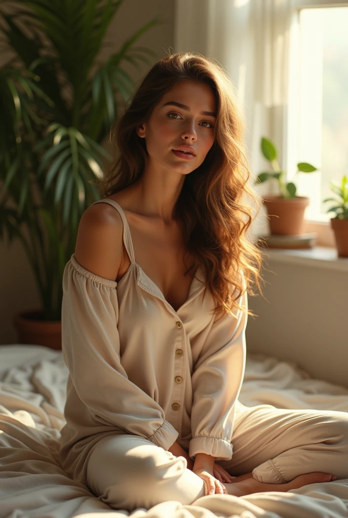 (photorealism:1.2), beautiful woman, sitting on bed, wearing loose off-shoulder top, pajama pants, long curly hair, indoors, soft lighting, plants in background, window with sunlight, cozy room, relaxed pose, realistic, intricate details, warm colors, by Greg Rutkowski, by Alphonse Mucha