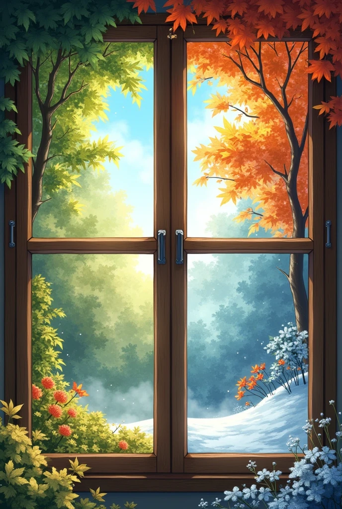 A window showing four different seasons