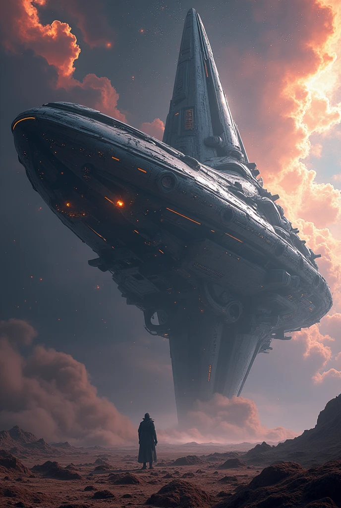 realistic detailed gigantic alien spacecraft,futuristic spacecraft,alien technology,interstellar spaceship,large sci-fi spacecraft,spaceship in the galaxy background,cinematic lighting,dramatic lighting,epic scale,highly detailed,8k,photorealistic,ultra-detailed,cinematic composition,volumetric lighting,glowing lights,dramatic atmosphere,beautiful sci-fi landscape,dramatic colorful nebula background