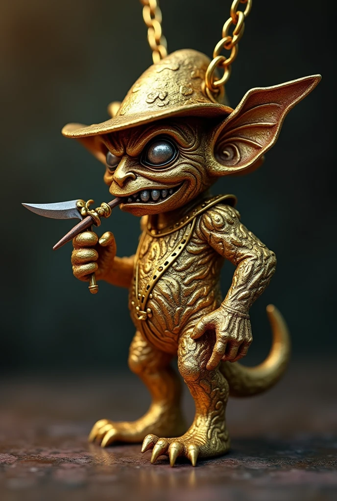 Create a golden goblin with cigar on his mouth with silver teeth with an evil smile turn it into a necklace show the goblin full body and let the goblin wear a cool hatwith a butterfly knife on his hand