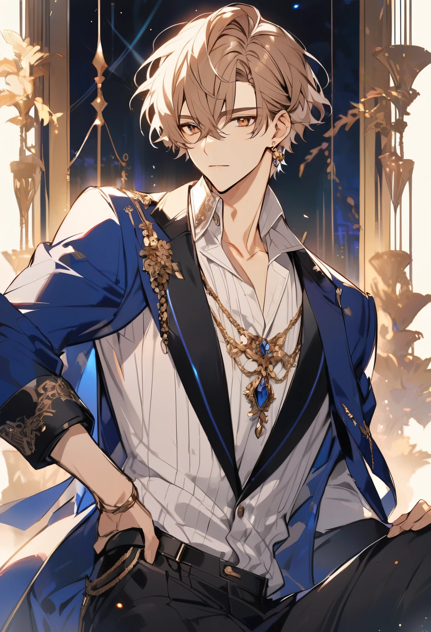 solo, handsome, 1 male, short hair, light brown hair, brown eyes, white shirt, blue coat, black pants