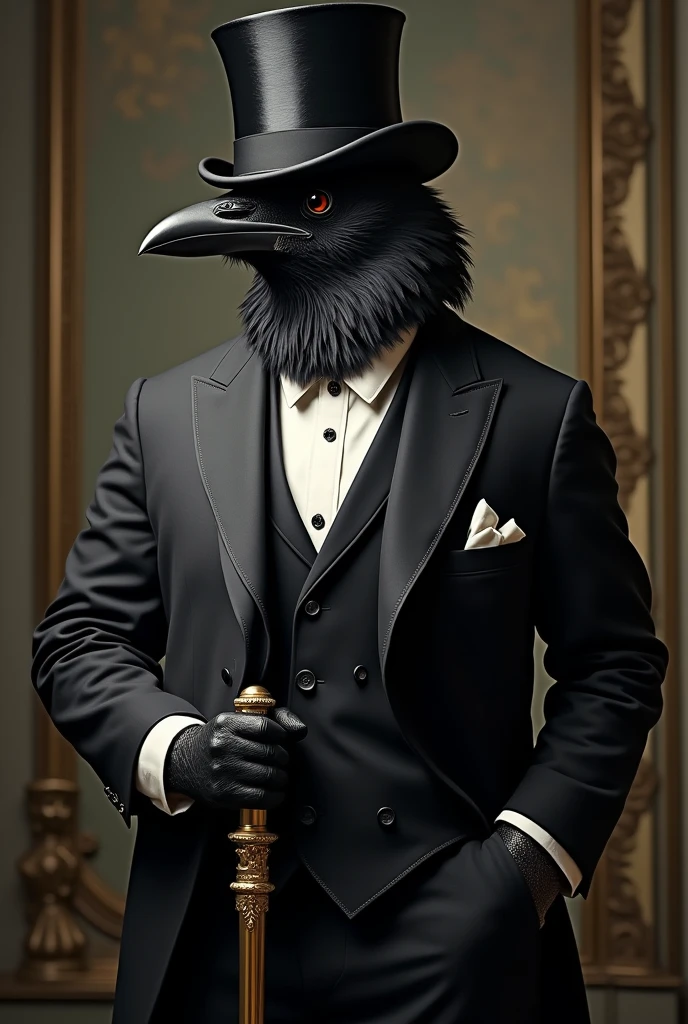 Crow wearing a suit and top hat with a golden cane