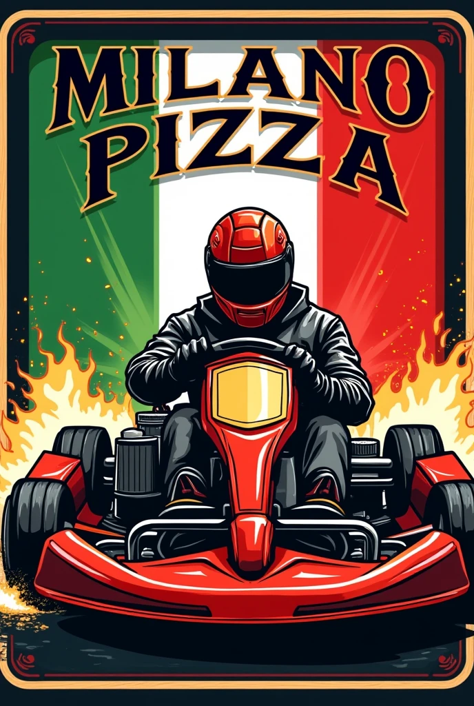 Enseigne "Milano Pizza",  pour la pizzeria du karting électrique,  aux couleurs de l'Italie , avec du noir en plus, et un dessin de kart puissant, avec un pilote qui un casque intégral