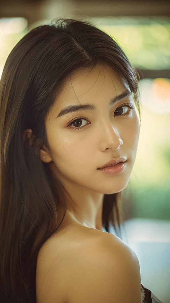 A hyper-realistic image of a single Japanese woman in her early 20s, captured with the nostalgic warmth and subtle graininess of a film camera. Her skin has a warm beige tone with a natural, slightly rough texture that includes visible pores, fine lines, and subtle imperfections such as small blemishes, adding to the authenticity of her appearance. The soft, diffused natural light enhances the film-like quality, casting gentle shadows that create a timeless, organic feel. Her straight, glossy black hair frames her face in a natural, slightly tousled manner, and her deep brown eyes reflect the ambient light, adding depth and emotion. The film camera effect introduces a slight grain and a softer focus, giving the image a warm, nostalgic atmosphere while maintaining the realistic texture of her skin. She is dressed simply, in a way that complements her natural beauty, with the overall composition designed to evoke a sense of genuine, understated elegance. The use of natural light, combined with the deliberately rougher texture of her skin and the film-like qualities, ensures that this image captures the imperfections that make her beauty truly lifelike, focusing solely on this one individual.