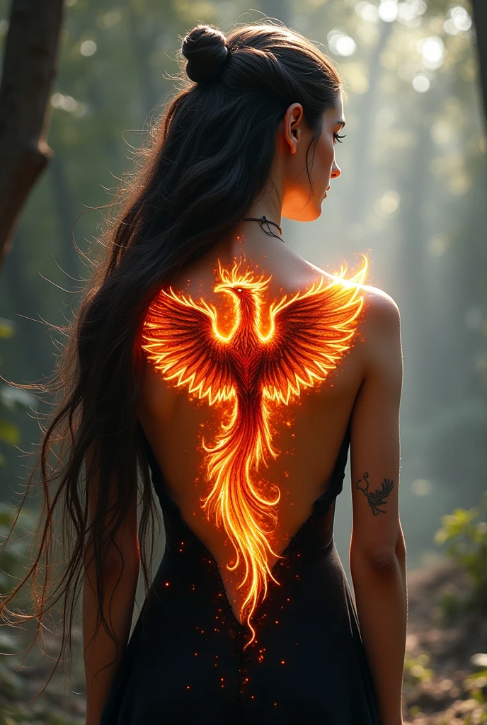 watercolor art, fantasy art, goth art, a picture of a tattoo on the back of a female elf, a glowing tattoo of a ((phoenix: 1.3)) on the elf's back, the ((phoenix tattoo)) is vivid, intricate detailed coming to life from the ink to real life, ((fire surrounds the phoenix: 1.5)), shoot taken from the back, ((the back is visible: 1.3), a most beautiful elf, exquisite beauty, small pointed ears, long hair,  she wears a transparent black dress, the dress is elegant, flowing, elven style, that the tattoos glow, dynamic hair color, dynamic hair style, faize,, Digital Painting