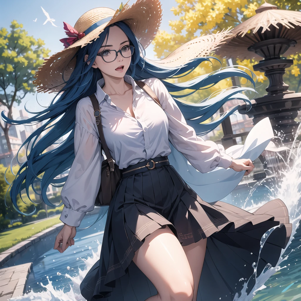 1 woman, long blue hair, glasses, surprised expression, straw hat (flying in the wind), holding down skirt, overhead view, fountain in park, best quality, 4k, 8k, highres, masterpiece:1.2, ultra-detailed, realistic, photorealistic, photo-realistic:1.37, HDR, UHD, studio lighting, ultra-fine painting, sharp focus, physically-based rendering, extreme detail description, professional, vivid colors, bokeh, portrait, strong wind
