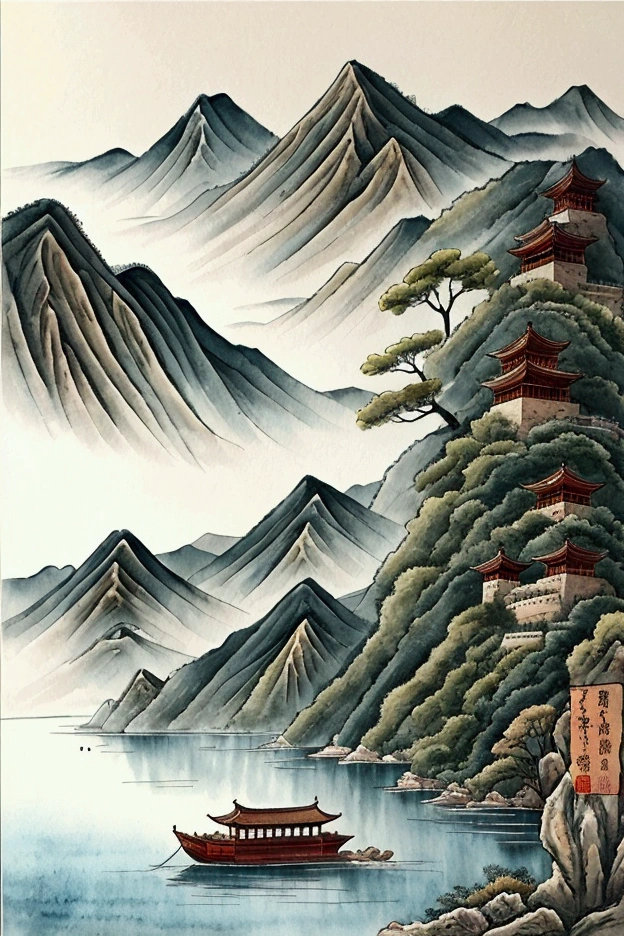 Chinese landscape painting,ink and watercolor painting,water ink,ink,Soil,Vision,Ultra-wide viewing angle,meticulous,There is a light boat in the distance,Vision,meticulous,Soil,Low saturation,Low contrast,The boat has passed thousands of mountains,Beautifully depicted,detailed,Acura,masterpiece,masterpiece