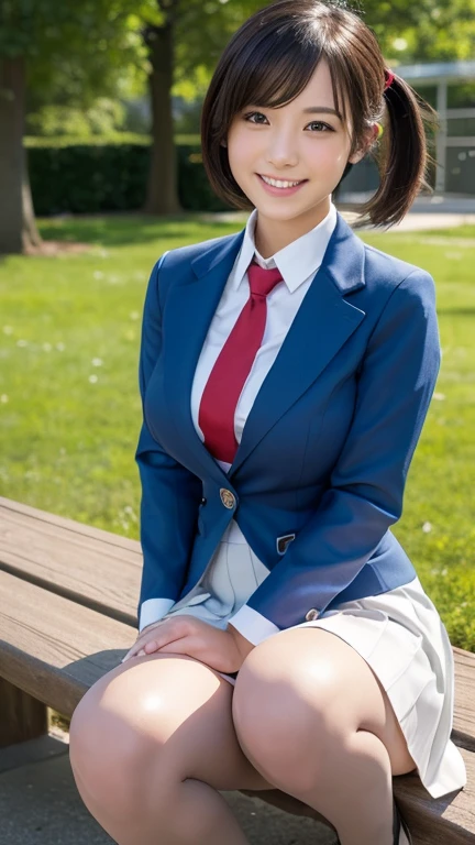 (photo Realistic:1.4), (hyper Realistic:1.4), (Realistic:1.3), (Smoother lighting:1.05), (Improving the quality of cinema lighting:0.9)、Natural light、Cherry tree in full bloom、A girl in uniform standing in front of the school gate、美しいhigh school girl、Highly detailed official artwork、Realistic 3d style、超Realistic、(Like a smile that makes you smile)、Cute eyes、Beautiful short hair、Attractive look、Smiling woman、high school girl, Blue blazer、school uniform、White shirt、Red tie sitting on a bench in the park, (View your viewers),Squat down and spread your legs((small and soft breasts))、(Breast bulge accentuated through clothes:1.3)　mini skirt　No panties in full view　Black Pantyhose　Stiletto heels　Emphasize the chest　Rope Bondage　Skirt roll up　View from the front　Full Hips　hands back Rope Bondage,