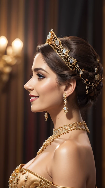 A queen in an elegant dress, off shoulders, side view, breasts, crown, necklaces, earings, smile to the audience, ((ultra hd)), ((real skin texture)),