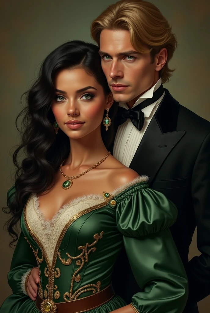 Beautiful 20 year old woman of Apache and English descent, ( very realistic ) Victorian era black hair, cinnamon skin and green eyes perfect face [( very fine and very innocent) ]and a body of perfect curves and big breasts. Dressed in a Robin Hood costume ( like green skin in keeping with the Victorian era ) with his bow and arrow.  And visibly behind her, behind her back, a super handsome 30-year-old man dressed in a Victorian-era black suit, extremely handsome and manly. ( very realistic con un rostro perfecto y sonrisa cálida y cariñosa ) blond with blue eyes as clear as the sky ( Make your eyes perfect with big, detailed eyelashes) 
