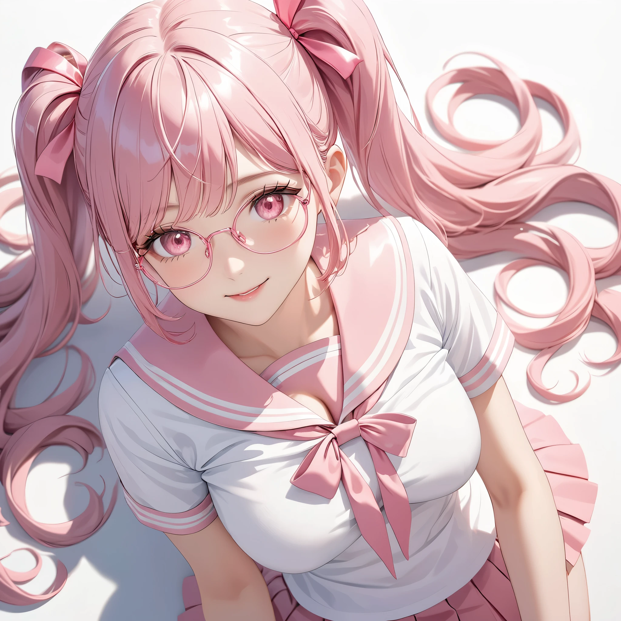 (8K, masutepiece, Best Quality, Official art, Breathtaking beauty and aesthetics, highly beautiful lighting, highly beautiful detailed), (1 Girl, Solo), (sixteen years old), (beautiful detailed face), (shiny white skin), (Beautiful big bust, cleavage, thighs, navel focus:1.3), (beautiful detailed pink twin tails hair, Bangs:1.3), (beautiful detailed drooping pink eyes:1.5), (pink glasses:1.3), (high school uniform:1.3), (patsel pink sailor collar, white short sleeves short length outing shirt, pastel pink pleated skirt, patsel pink ribbon:1.3), (happy smile:1.2), (Attractive, sensational, look at the camera, cute pose, lying, lie on her back, from above:1.3), (simple white plain background:1.5),