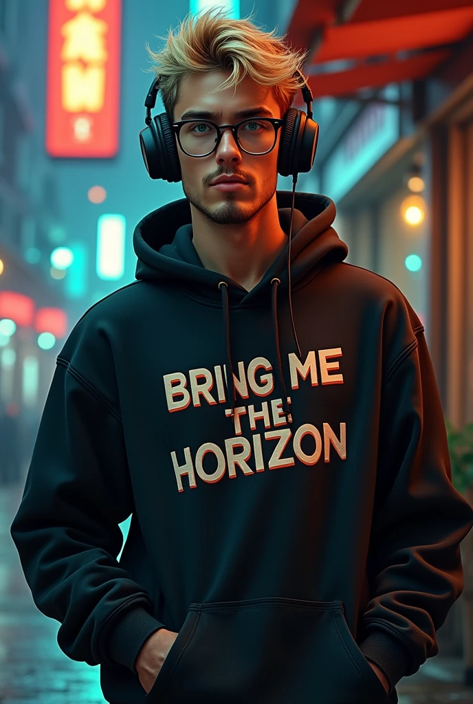 DC Comics style image, sexy 20 year old man, blonde with short messy hair and green eyes wearing glasses wearing gamer headsets, unshaven beard, with hands in pockets, com um moletom na cor pretaescrito Bring Me The Horizon with hands in pockets