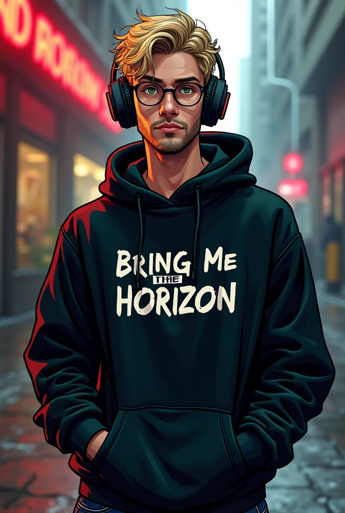 DC Comics style image, sexy 20 year old man, blonde with short messy hair and green eyes wearing glasses wearing gamer headsets, unshaven beard, with hands in pockets, com um moletom na cor pretaescrito Bring Me The Horizon with hands in pockets