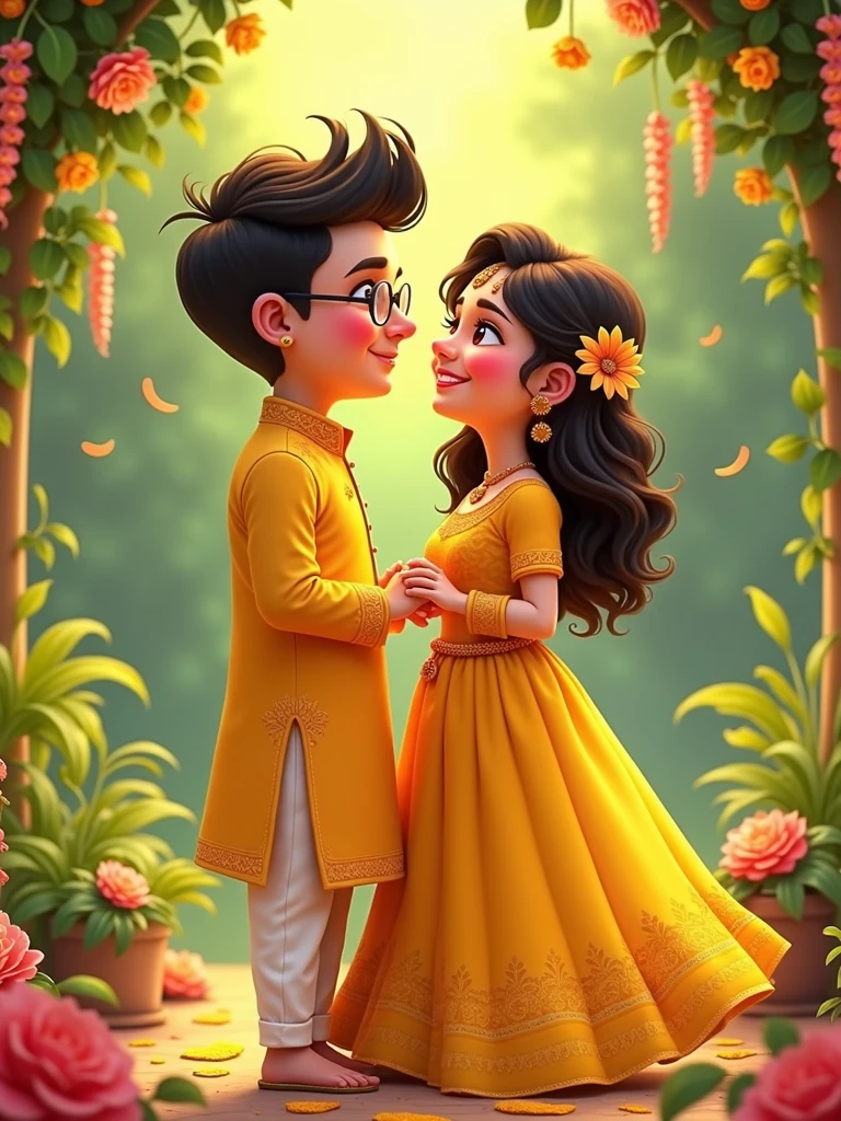I want a pixar style image of a couple. The groom is wearing a yellow kurta and the bride is wearing a yellow lehenga with open hair and flowers on the hair. They are applying turmeric to each other. They are in love. The bride is chubby and fair and has a dimple. The groom is slightly wheatish in complexion and has frameless spectacles. They are in Love and very happy.
