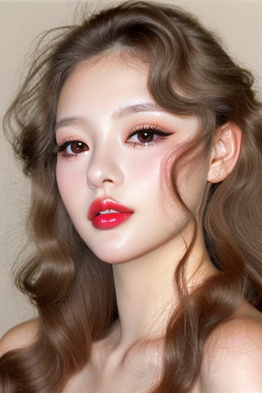 1 girl, 1, close up shot, detailed face, cute face, peach skin tone, smooth skin, blush red cheeks and face, light smirk, long curly hair, attractive makeup, long eyelashes, long eyeliner, excessive eye makeup, black smokey eyeshadow, heavy eyeshadow, glossy baby pink lipstick, glossy lips, heavy makeup, soft light