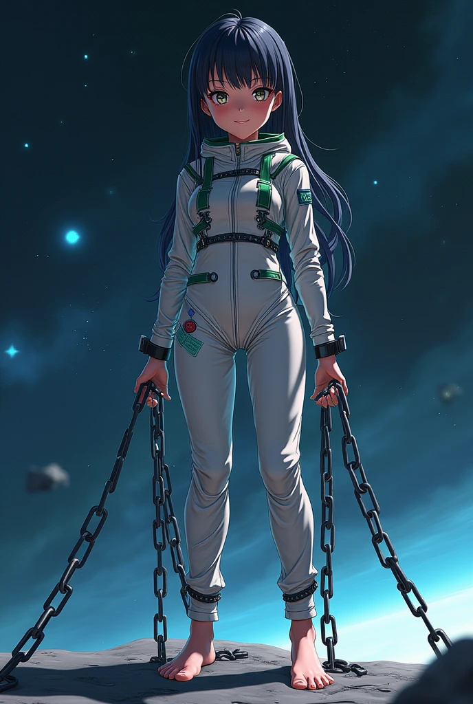 Barefoot anime woman in space jumpsuit fully chained standing
