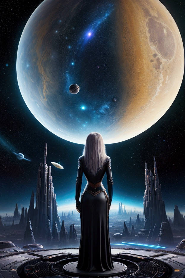 there is a woman standing in front of a painting of a planet, futuristic city in background, psytrance artwork, interconnected human lifeforms, panoramic view of girl, progressive rock album cover, dream of the endless, star dust, galaxy, stoner rock --ar 16:9 --v 5.1