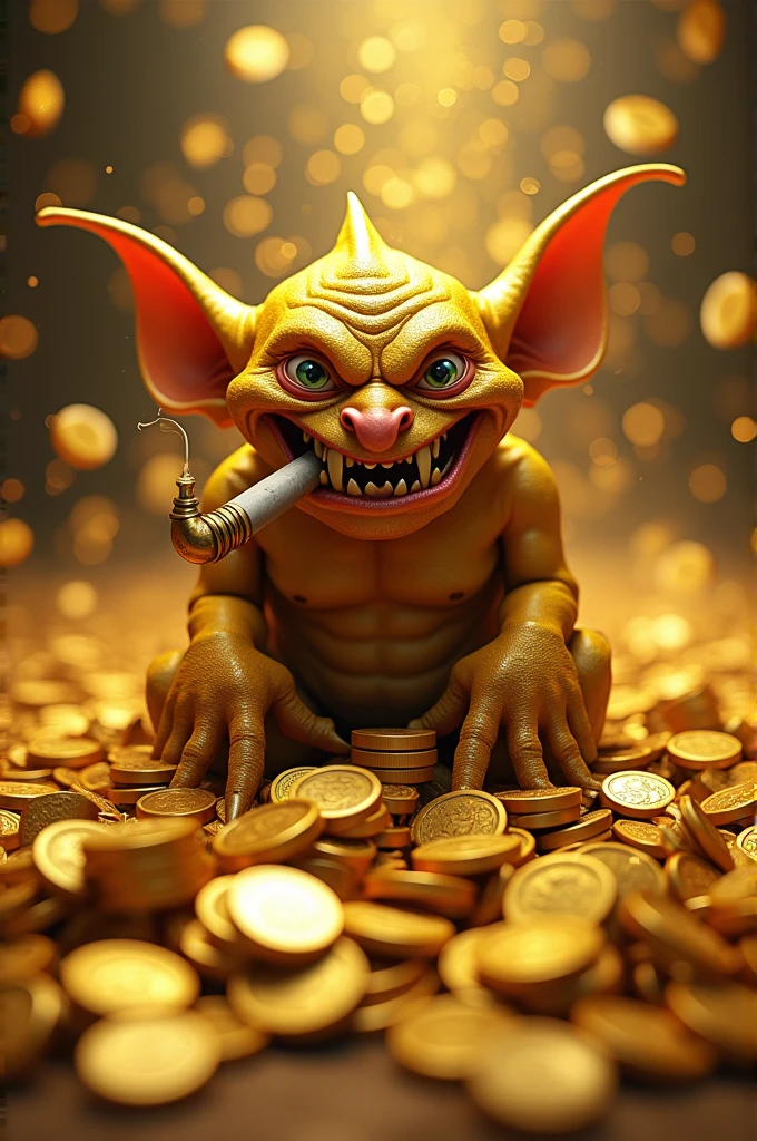 Create a jullery of a golden goblin with coins and a cigar on his mouth