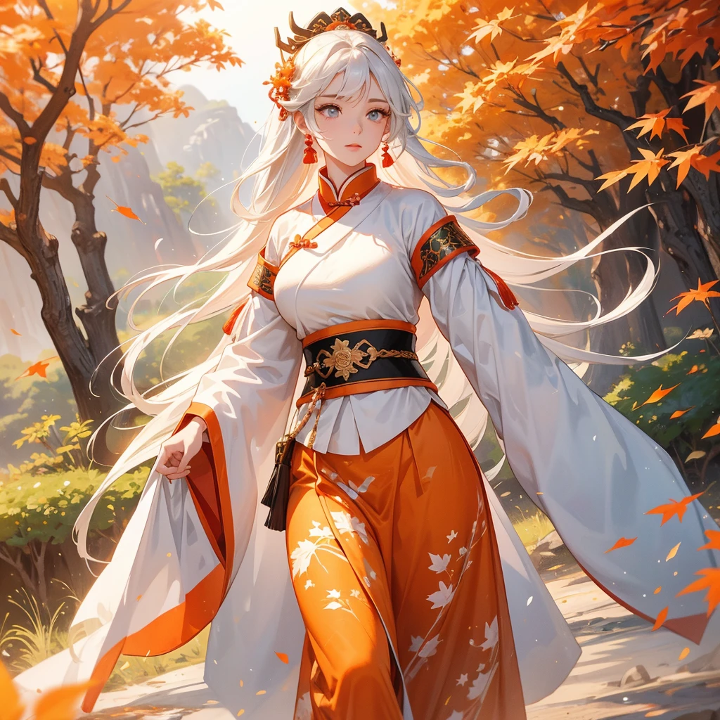 A beautiful female general holding a big spear in white ancient Chinese general costume, walking In the middle of a spring mountain ,the backdrop is a mountain that turns orange-red in spring, and maple leaves fall from the trees.The sun shines and the sun rises, close up.