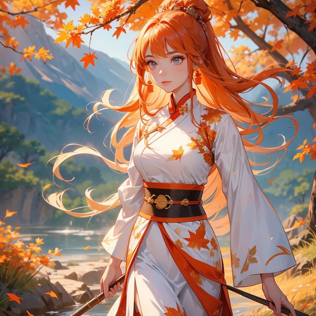 A beautiful female general holding a big spear in white ancient Chinese general costume, walking In the middle of a spring mountain ,the backdrop is a mountain that turns orange-red in spring, and maple leaves fall from the trees.The sun shines and the sun rises, close up.