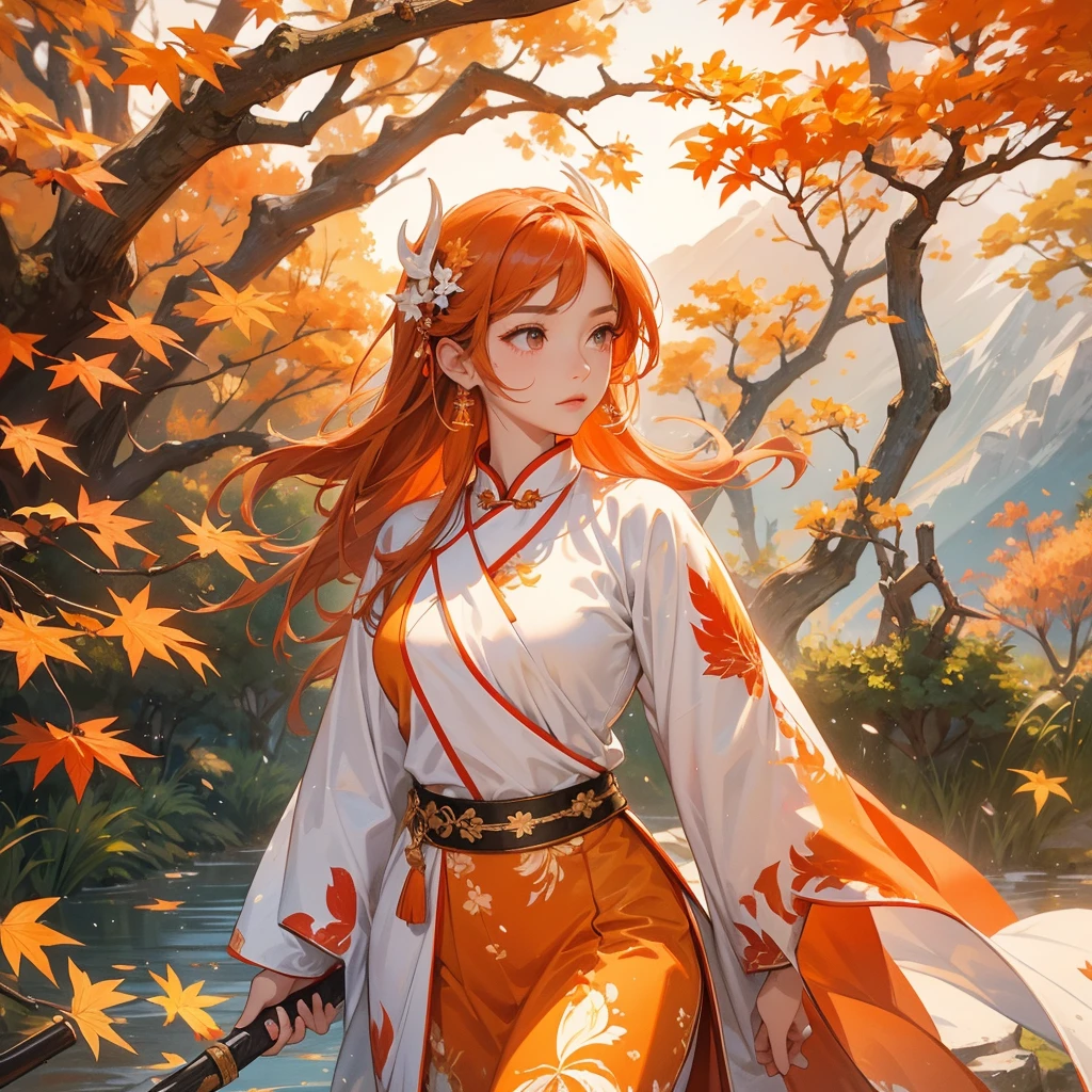 A beautiful female general holding a big spear in white ancient Chinese general costume, walking In the middle of a spring mountain ,the backdrop is a mountain that turns orange-red in spring, and maple leaves fall from the trees.The sun shines and the sun rises, close up.