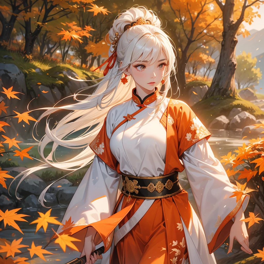 A beautiful female general holding a big spear in white ancient Chinese general costume, walking In the middle of a spring mountain ,the backdrop is a mountain that turns orange-red in spring, and maple leaves fall from the trees.The sun shines and the sun rises, close up.
