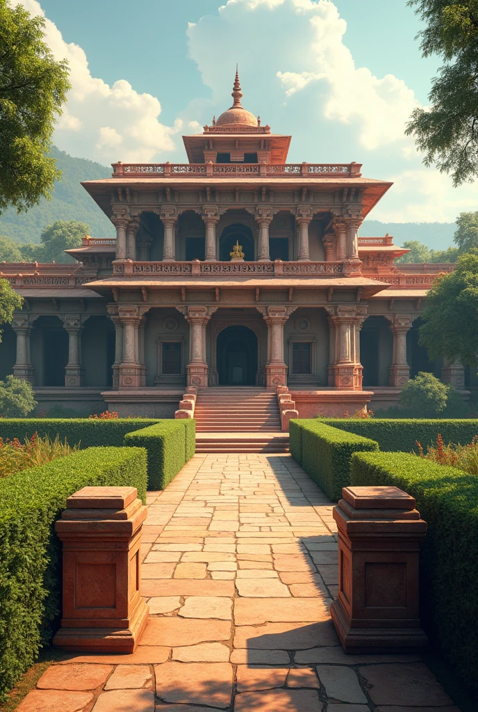 a detailed illustration of the Nalanda University in its prime, ornate architecture, intricate stone carvings, It was made up of eight compounds, ten temples, and classrooms,This monastery has a central entrance, a door lintel, and two levels of occupation. It also has cells for monks, a well, and a shrine in the middle,The university used earthy materials like red masonry bricks and off-form concrete. 
slide 3 of 5, lush greenery, peaceful atmosphere,a wide view of this monument ,(best quality,8k,photorealistic,masterpiece:1.2),extremely detailed,realistic,photorealistic,photo-realistic:1.37,ornate,intricate details,beautiful symmetry,serene,ambient lighting,warm color palette