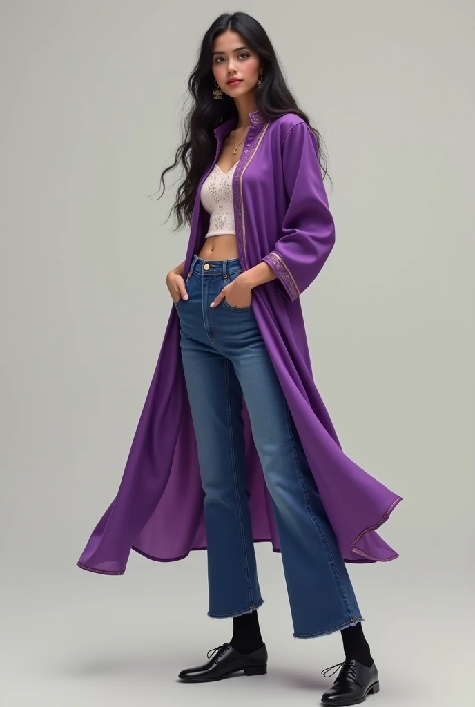 Generate an image of a woman wearing long purple kurta,blue flare jeans  and black shoes with laces but flat sole and black ankle length socks
