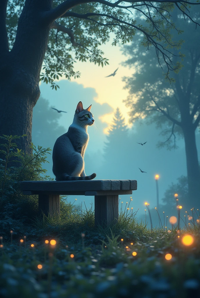 a cat sits on a bench in the park, Evening atmosphere, trees,low grass, nice clouds,a few birds in the air, also leaves fall from trees. (best quality, ultra-detailed, realistic:1.37), HDR, vibrant colors, dreamy lighting, forest, fantasy, glowing plants, magical ornaments, fireflies.