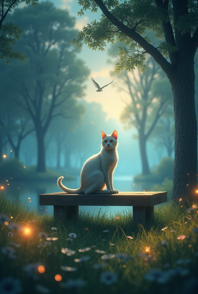 a cat sits on a bench in the park, Evening atmosphere, trees,low grass, nice clouds,a few birds in the air, also leaves fall from trees. (best quality, ultra-detailed, realistic:1.37), HDR, vibrant colors, dreamy lighting, forest, fantasy, glowing plants, magical ornaments, fireflies.