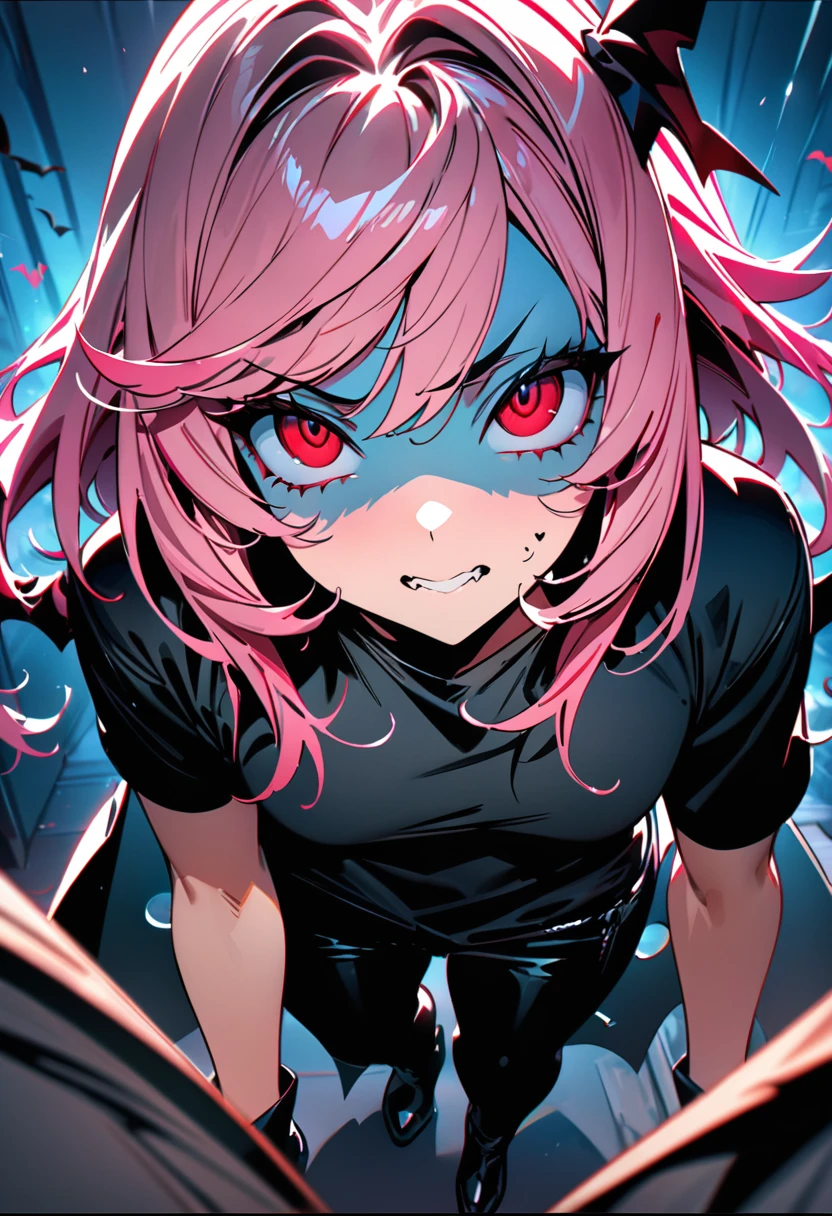 (((best quality)), ((masterpiece)), (details), masterpiece, best quality, high quality, ultra detailed, perfect face, , pink hair, red eyes, black t-shirt, black pants, black boots, bat wings, (masterpiece), best quality, expressive eyes, perfect face, 4k, hiperdetailed, dinamic movement
