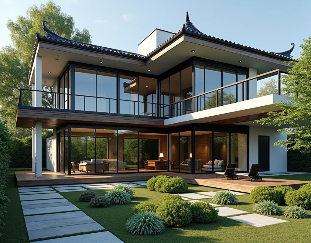 chef-d'œuvre, (photoréaliste : 1,2), meilleure qualité, haute résolution, extérieur, architecture de maison de jardin, maison entièrement fonctionnelle, architecture de toit japonaise moderne, toit de style japonais, toit japonais, mur blanc, fenêtre en verre, route de circulation, ciel bleu, super réaliste style d'affichage détaillé, 32 000 uhd, faible angle, structure composite, pile/pile, conception de page créative, lumière du jour, rendu (Vray : 1.1)