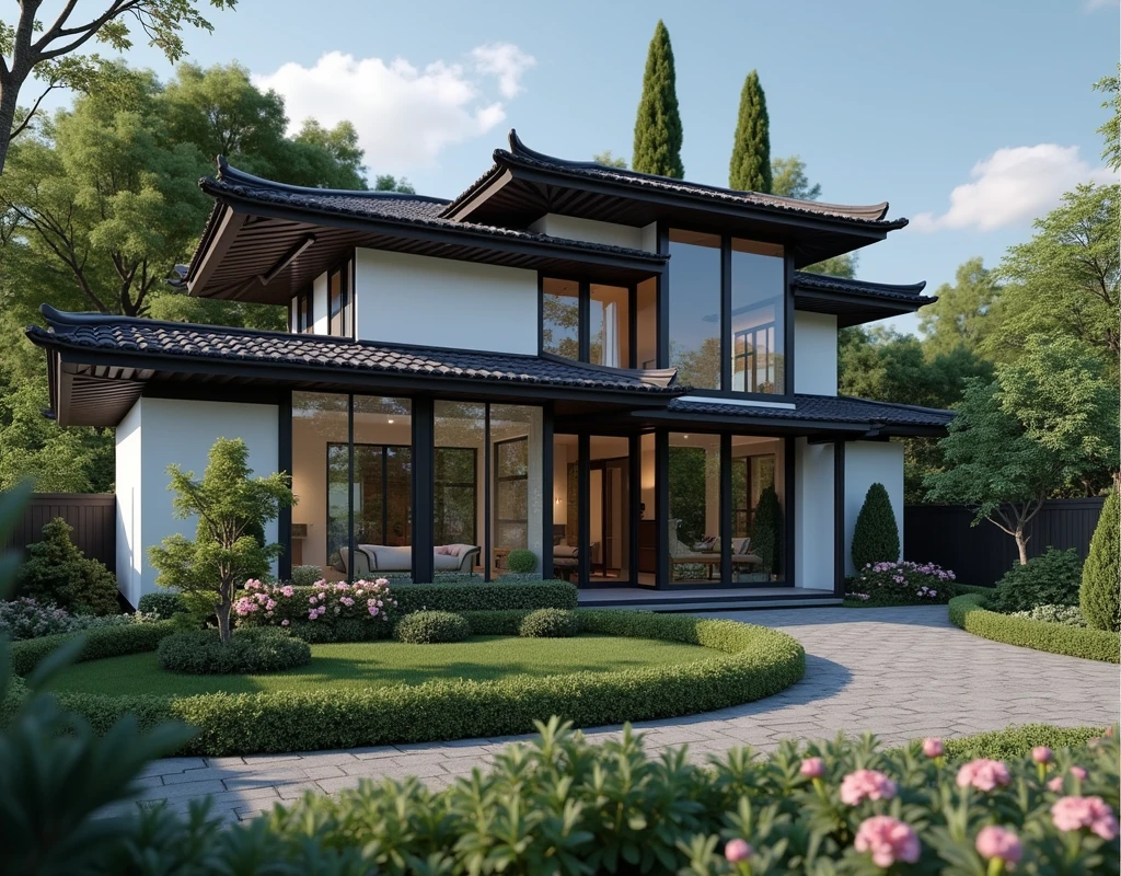 chef-d'œuvre, (photoréaliste : 1,2), meilleure qualité, haute résolution, extérieur, architecture de maison de jardin, maison entièrement fonctionnelle, architecture de toit japonaise moderne, toit de style japonais, toit japonais, mur blanc, fenêtre en verre, route de circulation, ciel bleu, super réaliste style d'affichage détaillé, 32 000 uhd, faible angle, structure composite, pile/pile, conception de page créative, lumière du jour, rendu (Vray : 1.1)