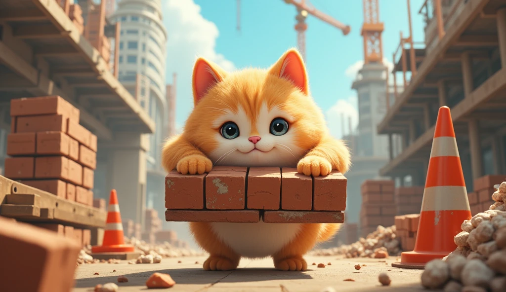 cute fat cat carrying bricks on its back, surrounded by construction sites