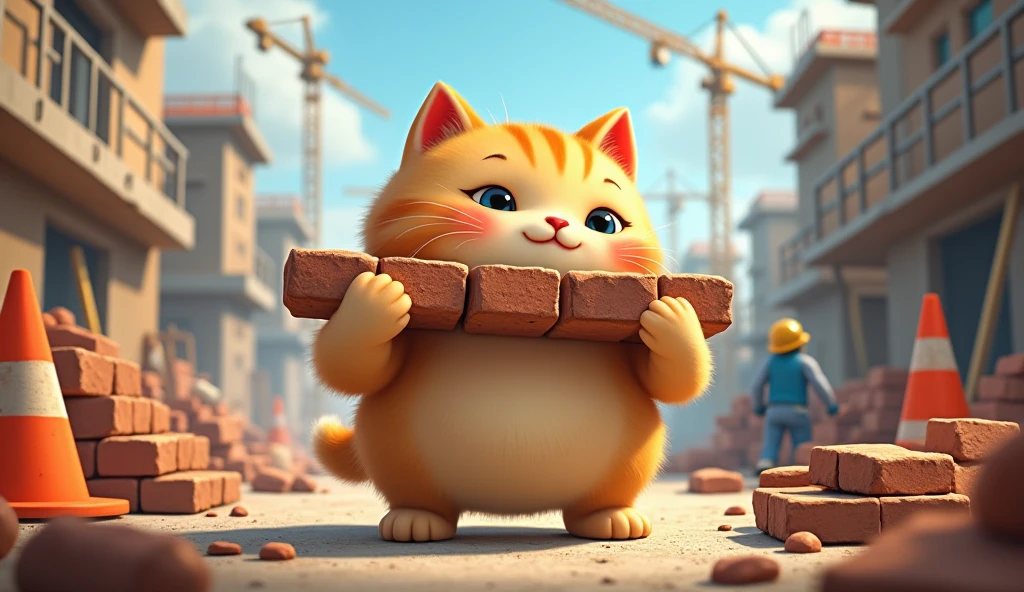 cute fat cat carrying bricks on its back, surrounded by construction sites