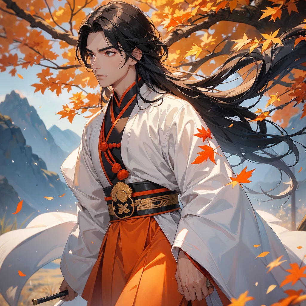 Handsome black-haired male general holding a large sword in white ancient Chinese general costume, walking In the middle of a spring mountain ,the backdrop is a mountain that turns orange-red in spring, and maple leaves fall from the trees.The sun shines and the sun rises, close up.