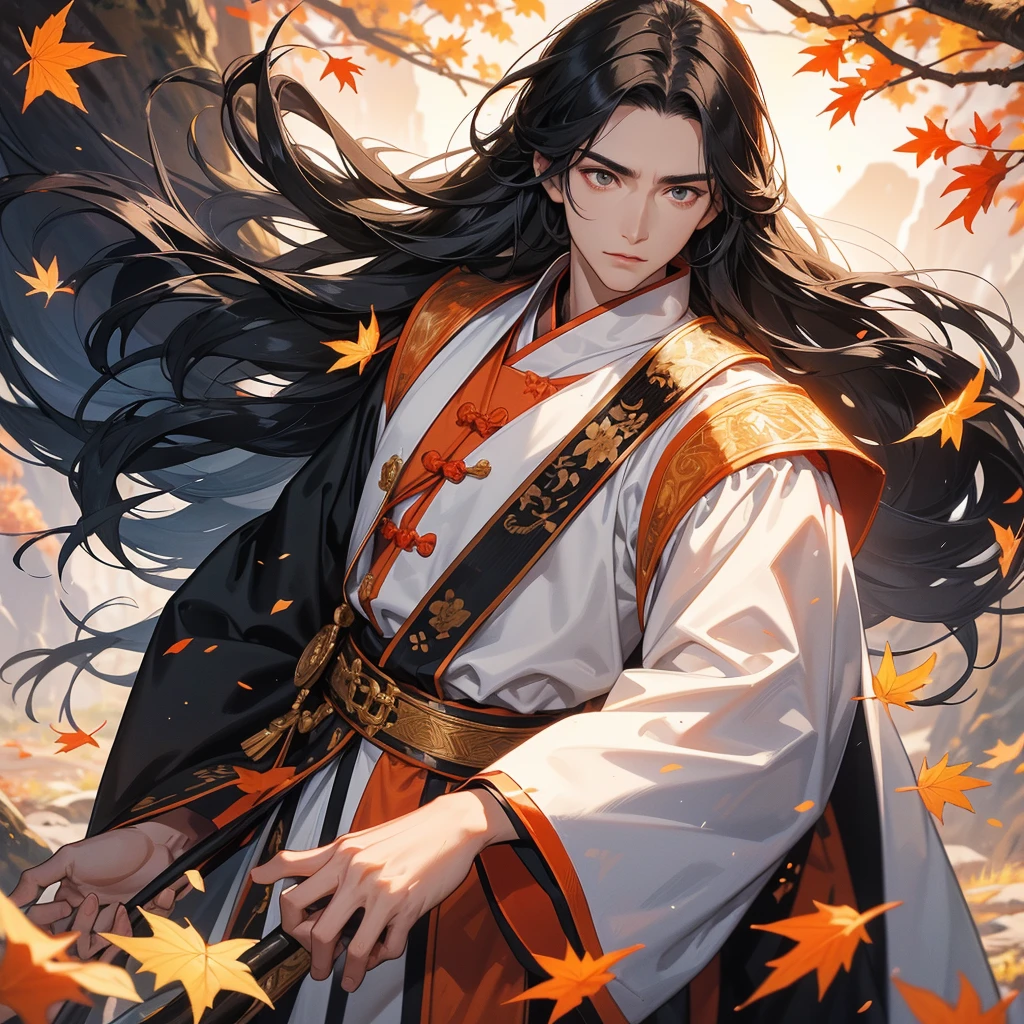 Handsome black-haired male general holding a large sword in white ancient Chinese general costume, walking In the middle of a spring mountain ,the backdrop is a mountain that turns orange-red in spring, and maple leaves fall from the trees.The sun shines and the sun rises, close up.