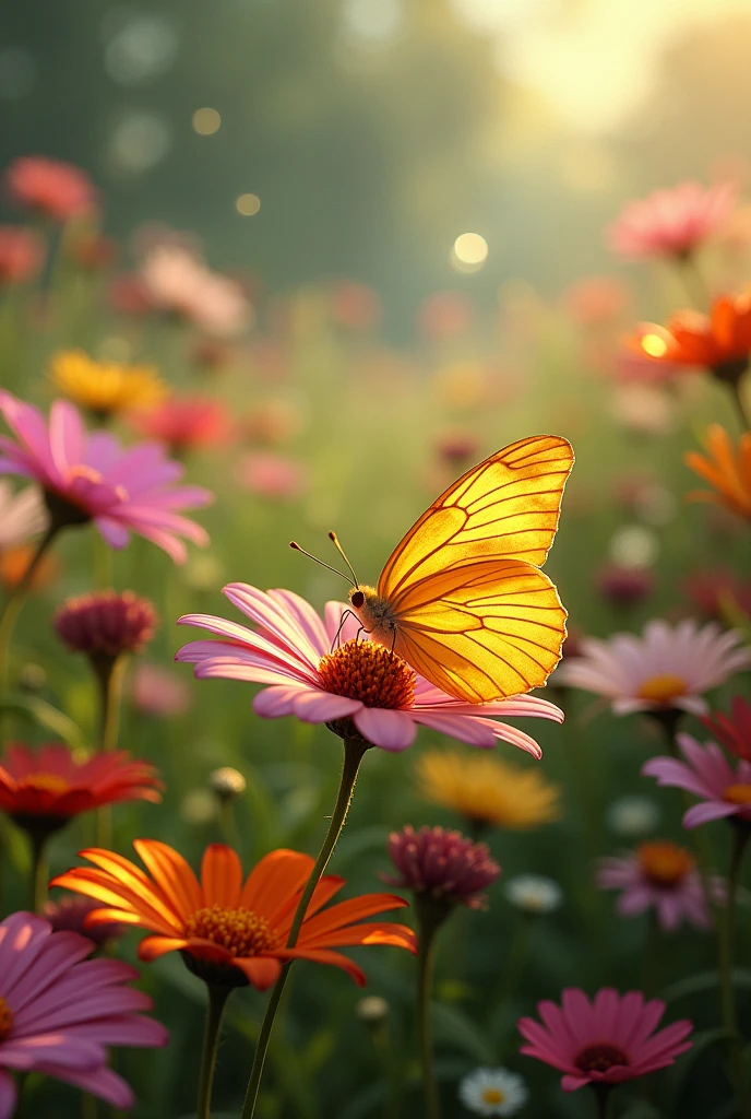 "A hidden meadow bursts into view, filled with vibrant, multicolored flowers, with the golden butterfly resting peacefully on a particularly bright flower."
