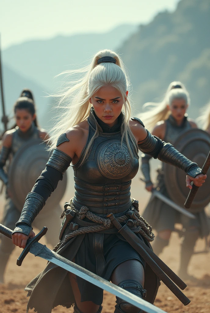 Super realistic, 5 nudes females korean barbarian holding a sword and shield, white hair, blue eyes, muscle body, full body image, Fighting in battle field, motion blur, bokeh effect, depth of field, hyper Realistic, Professional photography, Cinema Lighting