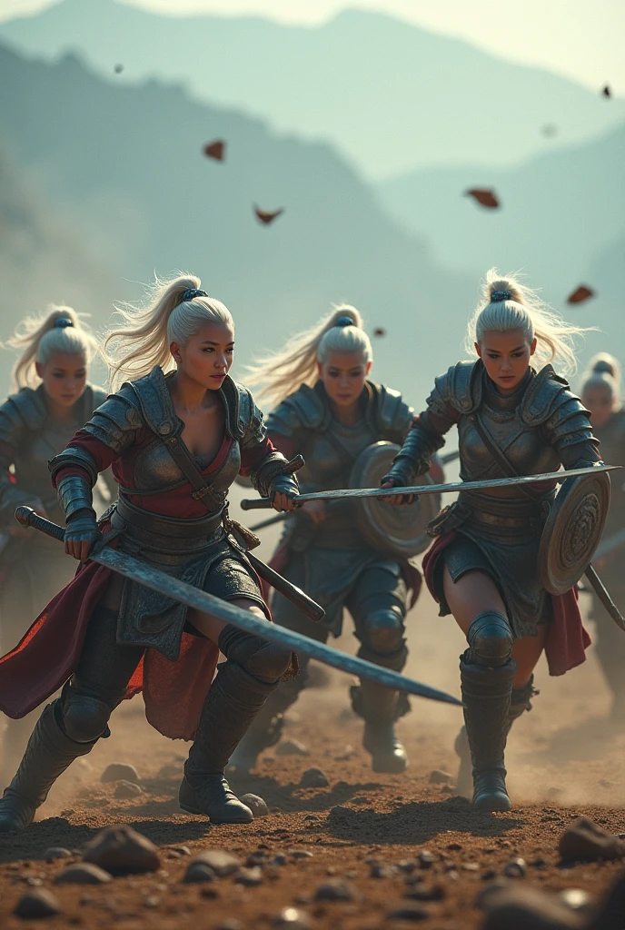 Super realistic, 5 nudes females korean barbarian holding a sword and shield, white hair, blue eyes, muscle body, full body image, Fighting in battle field, motion blur, bokeh effect, depth of field, hyper Realistic, Professional photography, Cinema Lighting
