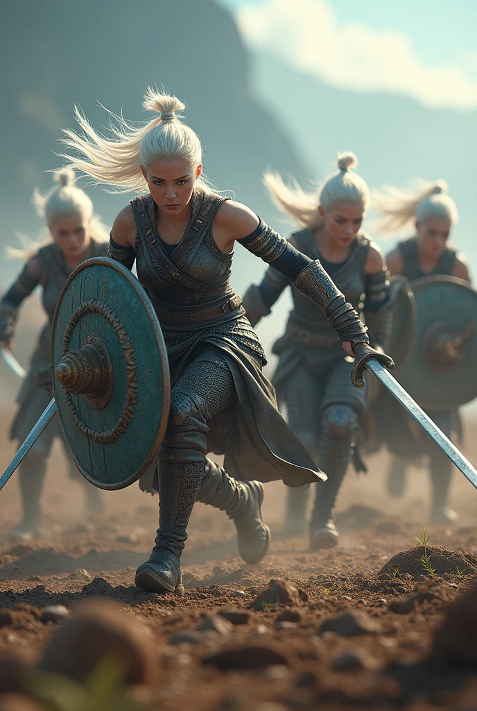Super realistic, 5 nudes females korean barbarian holding a sword and shield, white hair, blue eyes, muscle body, full body image, Fighting in battle field, motion blur, bokeh effect, depth of field, hyper Realistic, Professional photography, Cinema Lighting