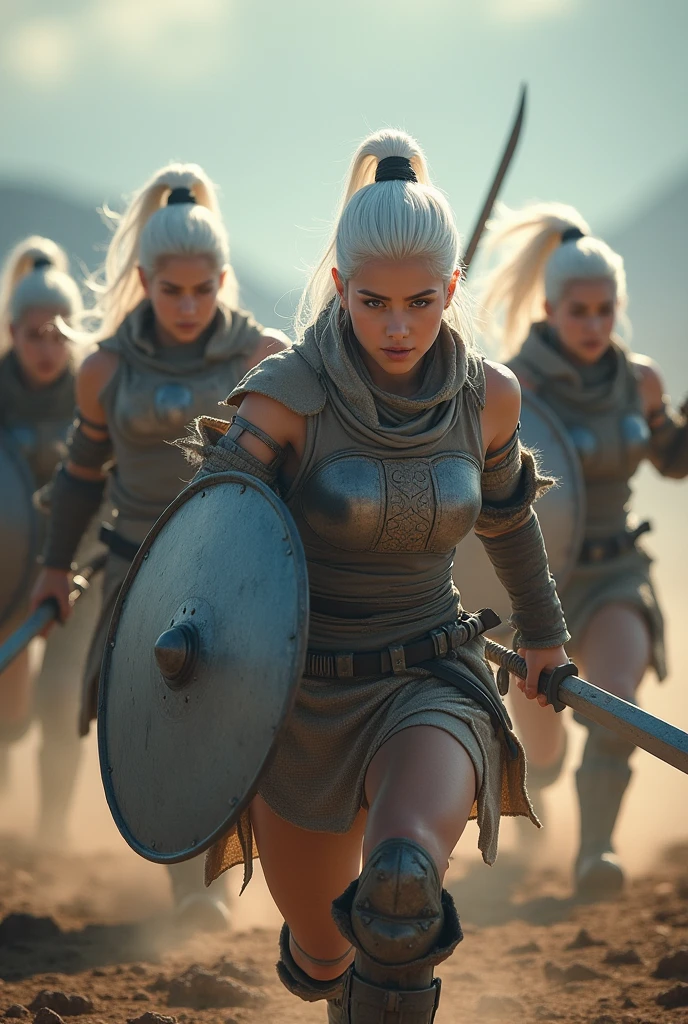 Super realistic, 5 nudes females korean barbarian holding a sword and shield, white hair, blue eyes, muscle body, full body image, Fighting in battle field, motion blur, bokeh effect, depth of field, hyper Realistic, Professional photography, Cinema Lighting