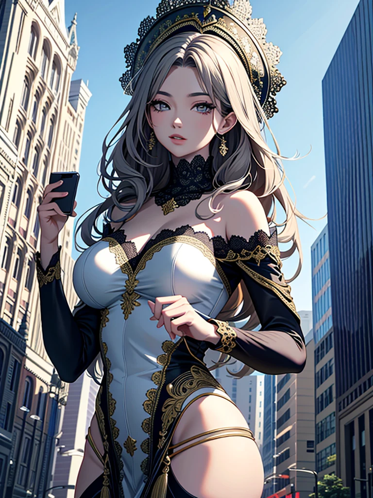 Masterpiece、High resolution、Detailed expression、Huge beauty、18 meters tall、In a city building、Low - Angle