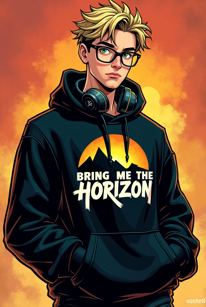 DC Comics style image, 20 year old man a little chubby sexy, blonde with short messy hair and green eyes wearing glasses wearing gamer headsets, unshaven beard, with hands in pockets, com um moletom na cor pretaescrito Bring Me The Horizon with hands in pockets