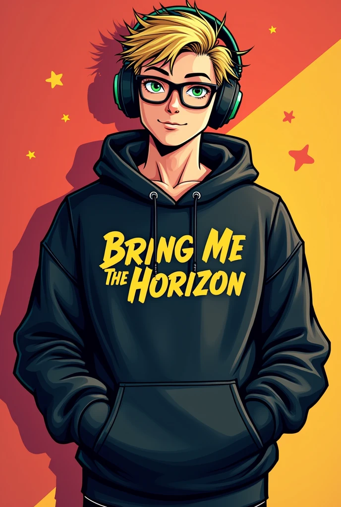 DC Comics style image, 20 year old man a little chubby sexy, blonde with short messy hair and green eyes wearing glasses wearing gamer headsets, unshaven beard, with hands in pockets, com um moletom na cor pretaescrito Bring Me The Horizon with hands in pockets