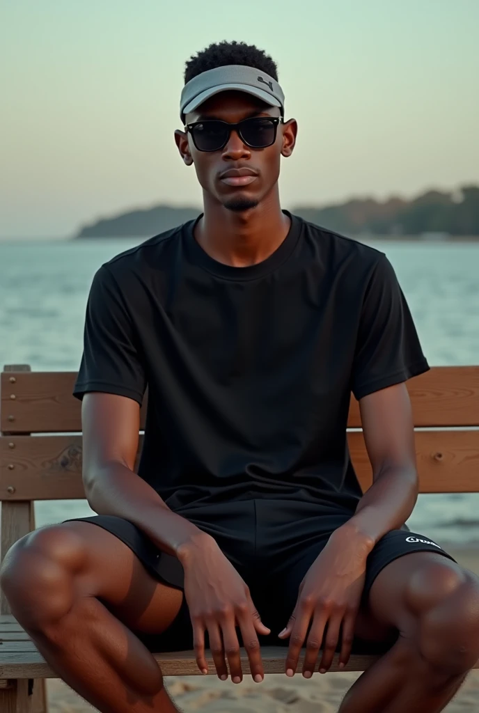 best qualityer:1.4), (ultra high resolution:1.2), (photorrealistic:1.4), (8k, CRU photo:1.2), a thin young man of 20 years old, skin black, with a smooth, beardless face, corte de cabelo buzzcut. He's wearing black beach shorts. He is wearing a black short-sleeved shirt. is sitting on a wooden bench. He has a thin build. He's wearing sunglasses. He has a thin build. Corte de cabelo buzzcut. He's wearing a gray visor. Corte de cabelo buzzcut. thin build